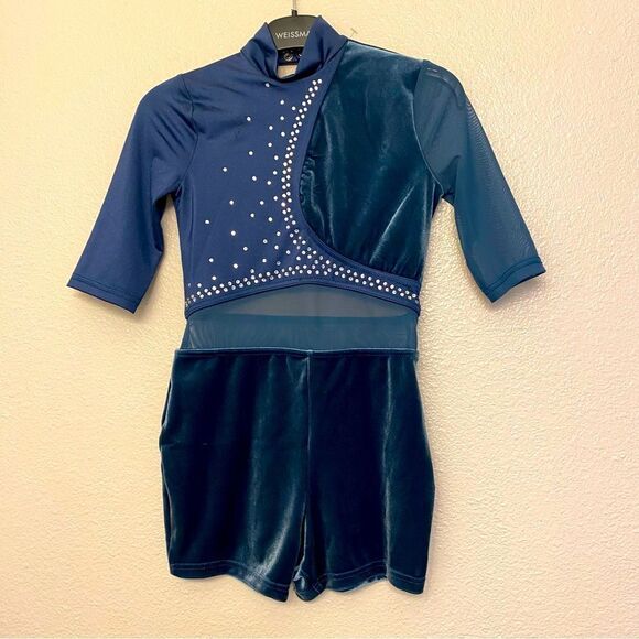 WEISSMAN Dance Costume velvet teal leotard custom rhinestone Chains 14912 LC - Picture 3 of 10